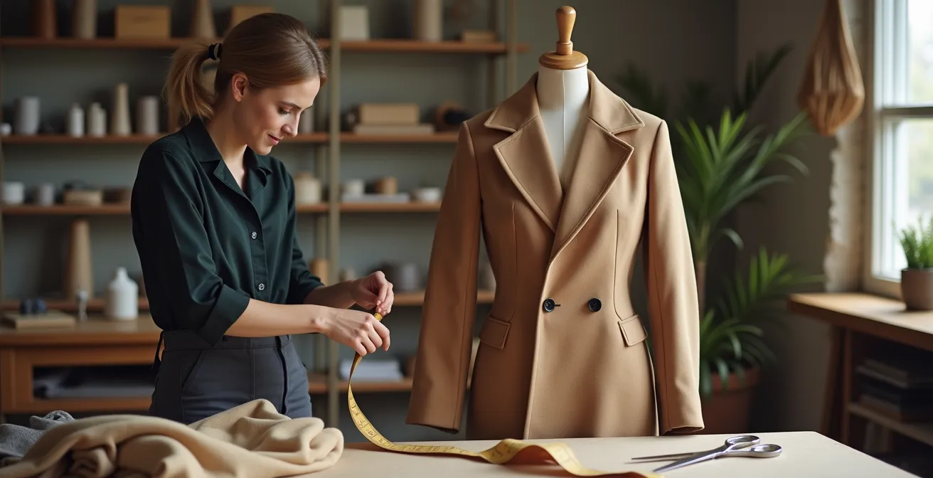 Schneiderin passt hochwertigen Vintage-Mantel an weibliche Silhouette an
