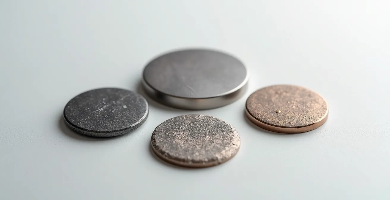 Makroaufnahme verschiedener hypoallergener Schmuckmaterialien mit sichtbaren Oberflächentexturen