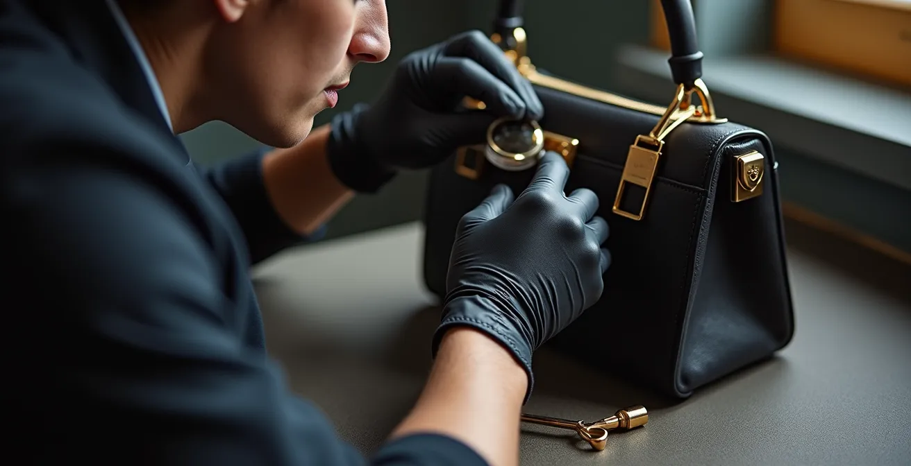 Detailprüfung zur Authentifizierung einer Luxushandtasche