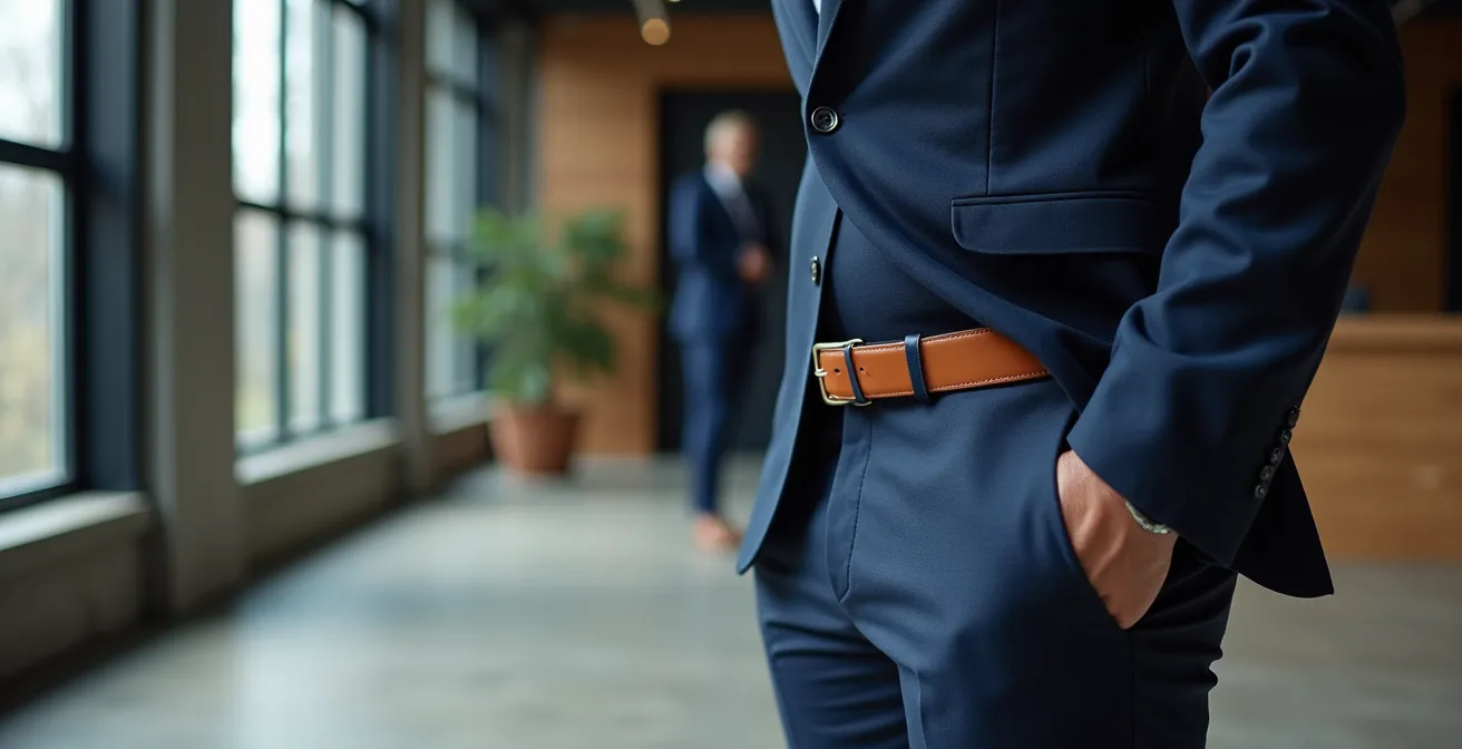 Stilvolle Blau-Braun-Kombination aus navy-farbenem Sakko und cognac-farbenen Lederaccessoires in einer minimalistischen Umgebung.