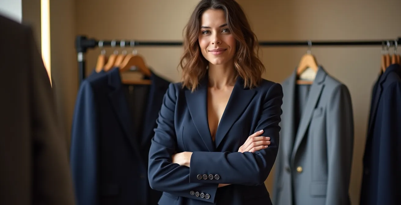 Frau testet Bewegungsfreiheit eines marineblauen Blazers in Umkleidekabine