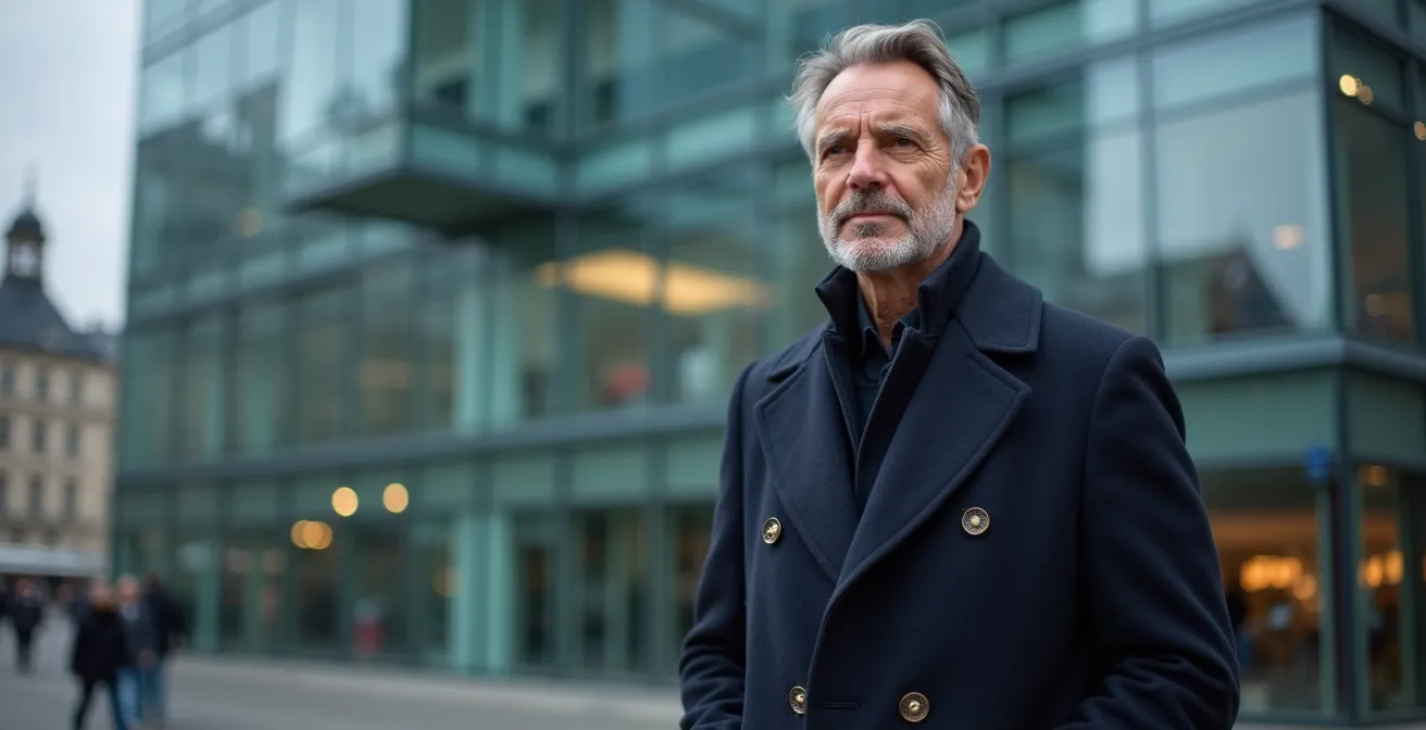 Geschäftsmann in elegantem Mantel vor modernem Bürogebäude in deutscher Stadt