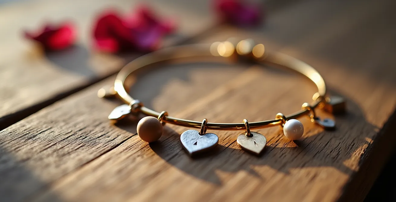 Ein Charm-Armband mit verschiedenen symbolischen Anhängern für Hochzeitstage und Familienmeilensteine