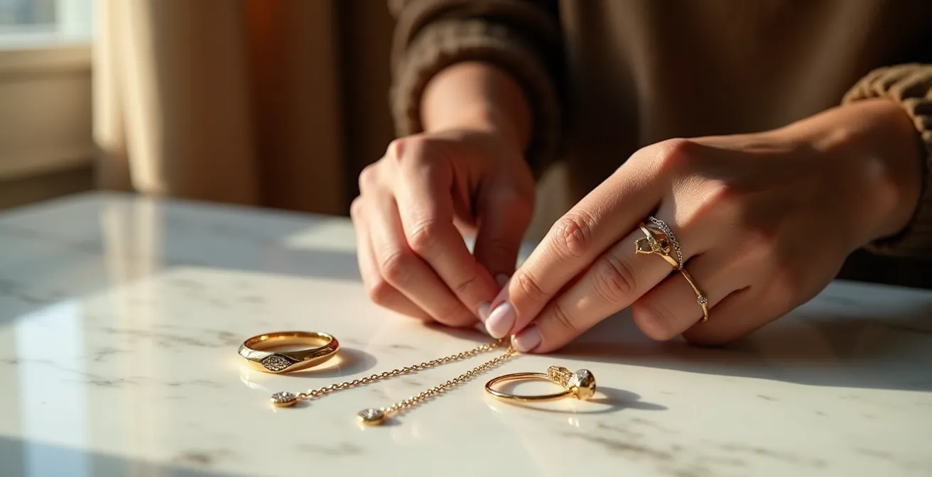 Drei minimalistische ethische Schmuckstücke in verschiedenen Styling-Kombinationen