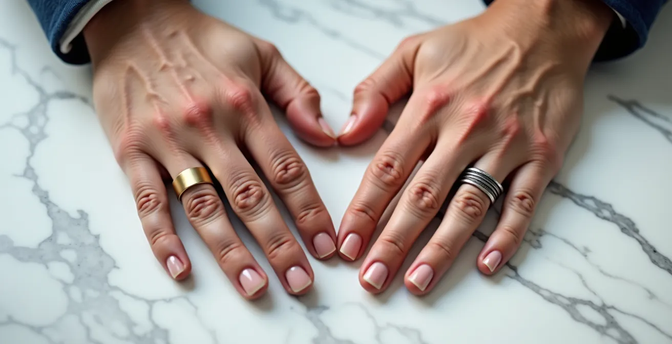 Männerhände zeigen eine ausgewogene Verteilung von einem Ehering rechts und zwei modischen Ringen links.