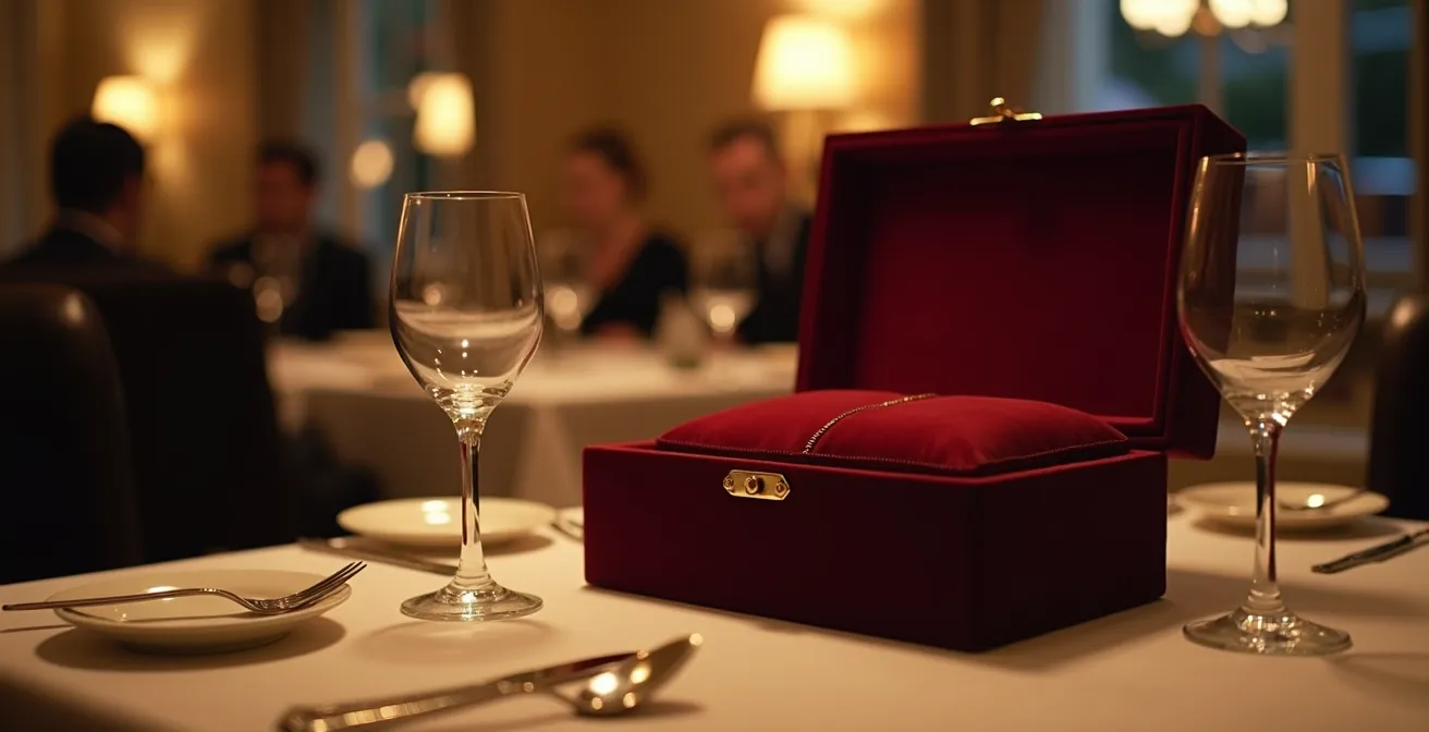 Eine überdimensionierte Schmuckschachtel auf einem kleinen Restauranttisch symbolisiert die Überforderung beim ersten Date.