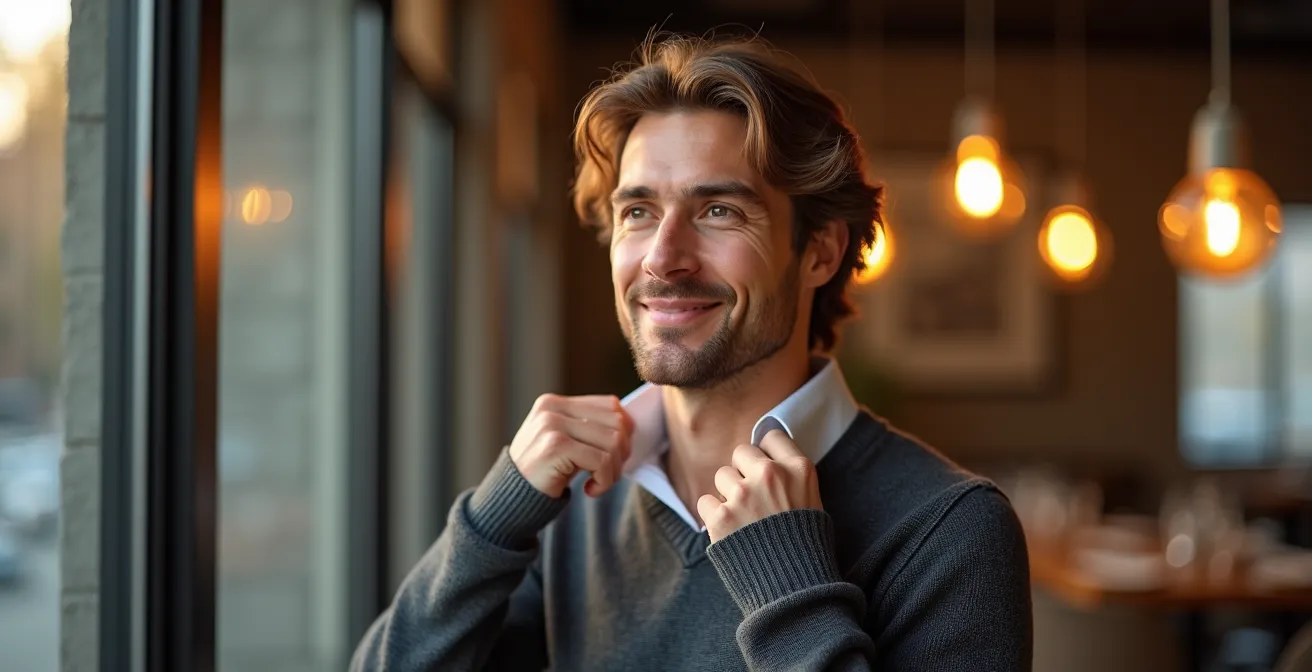 Schnelle Verwandlung vom Büro zum Abendessen mit einem hochwertigen Pullover