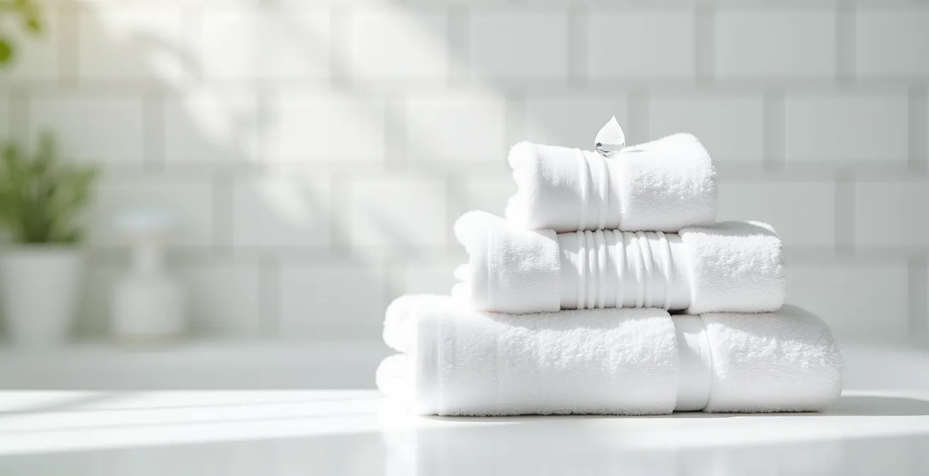 Stapel frischer weißer Handtücher in minimalistischem deutschen Badezimmer