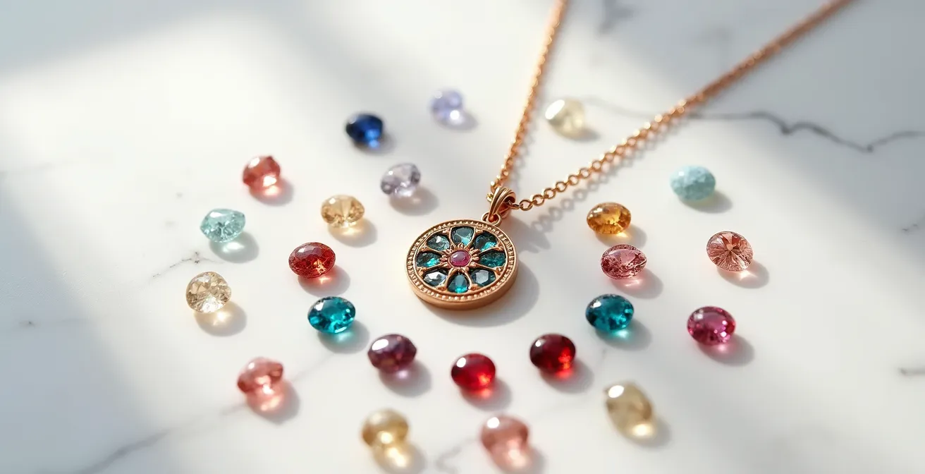 Eine innovative Schmuck-Kombination, die einen farbigen Geburtsstein mit einer stilisierten Datumsgravur vereint