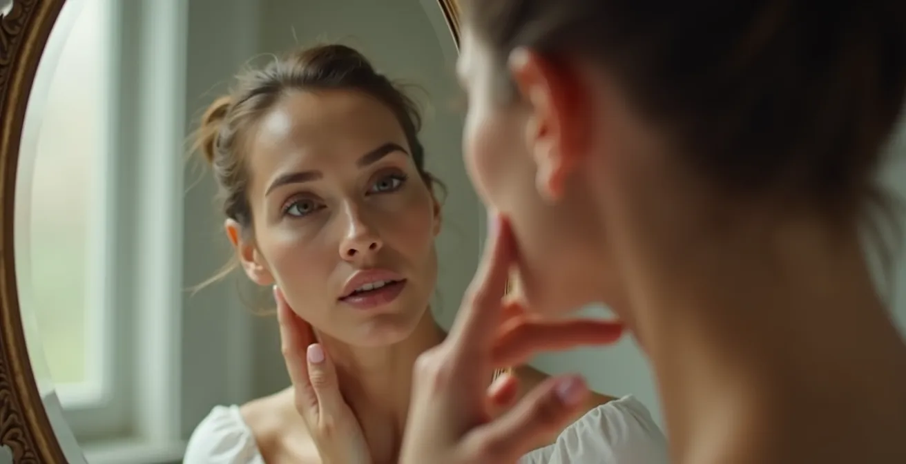 Nahaufnahme einer Gesichtskontur-Analyse im Spiegel, bei der eine Frau ihre Kieferlinie nachzeichnet.