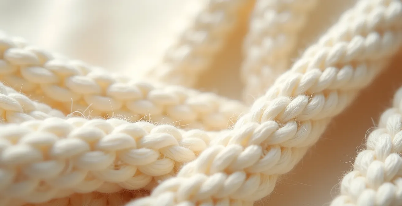 Detailaufnahme der Materialkombination von grobem Strick und feiner Seide