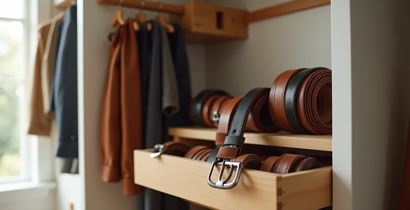 Ordentlich aufgehängte und gerollte Ledergürtel an einem DIY-Halter