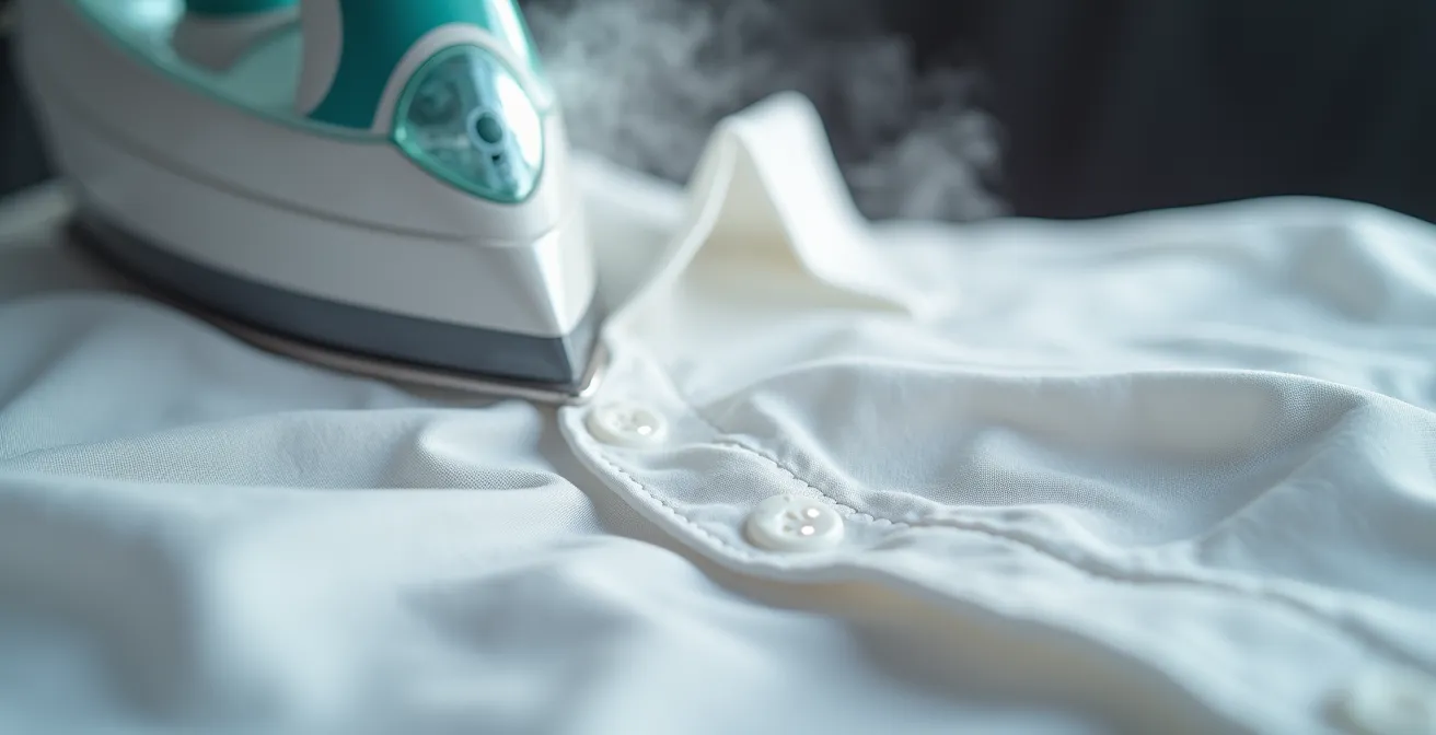 Makroaufnahme eines heißen Bügeleisens, das mit Dampf über einen weißen Hemdstoff gleitet und Falten glättet.