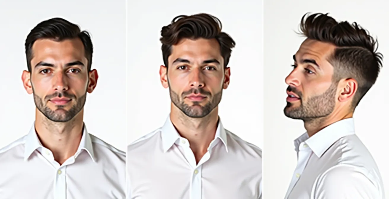 Verschiedene Hemdkragenformen an unterschiedlichen Gesichtstypen, die zeigen, wie die Form des Kragens die Gesichtsform ergänzt.