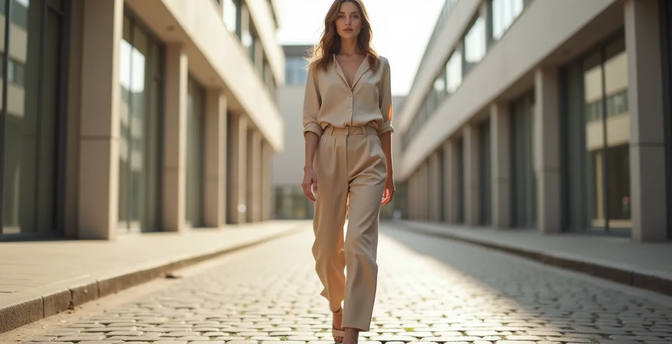 Frau in monochromen Outfit mit High-Waist-Hose für optisch längere Beine