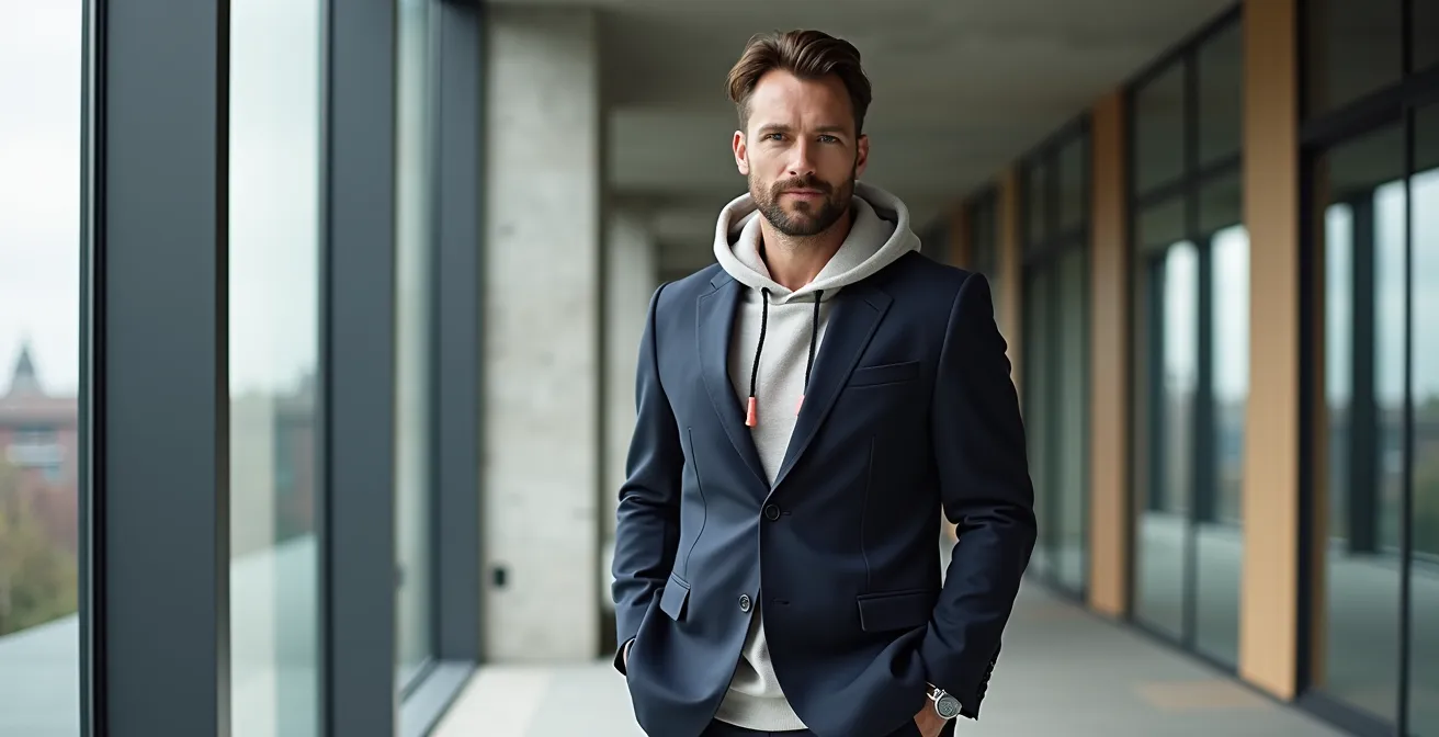 Elegante Hoodie-Sakko-Kombination mit Neon-Detail im modernen Bürokontext