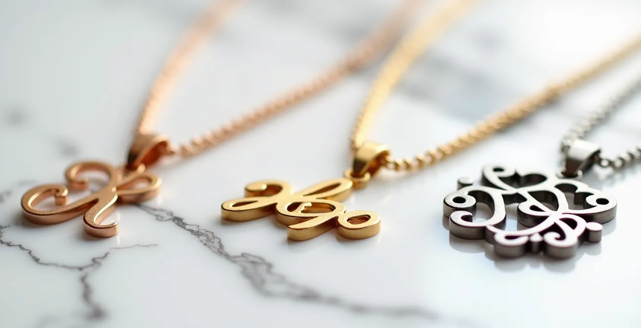 Drei verschiedene Halsketten-Anhänger im eleganten Vergleich: voller Name, einzelne Initialen und verschlungenes Monogramm