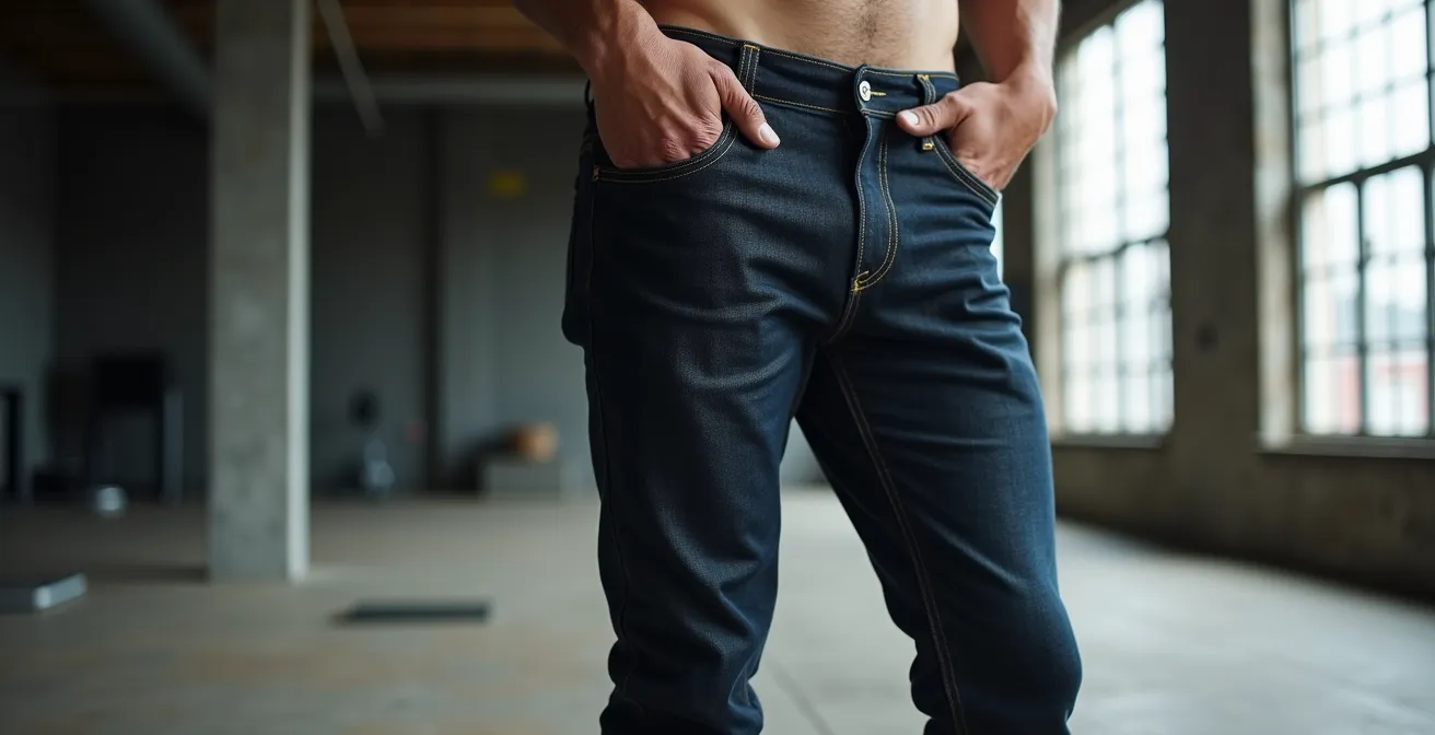 Verschiedene Jeans-Schnitte an athletischen Beinen, die zeigen wie eine Tapered-Passform muskulösen Waden schmeichelt.