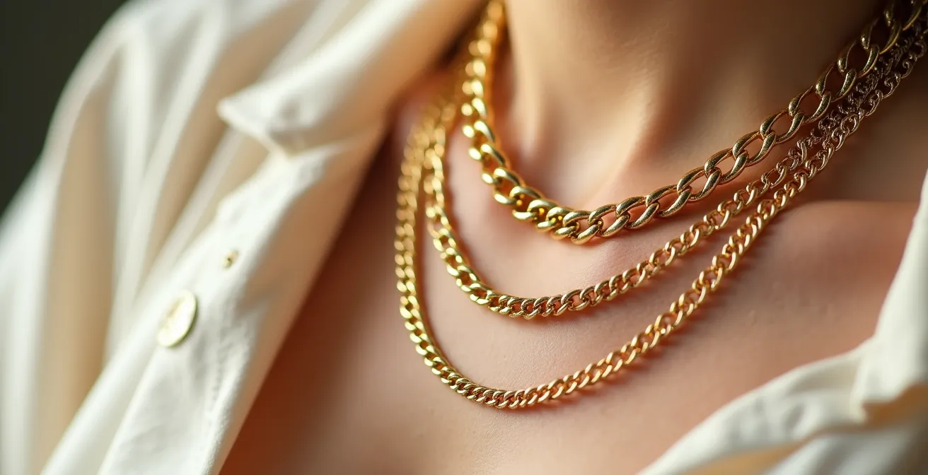 Drei goldene Ketten in unterschiedlichen Längen ohne Verheddung an einem Hals drapiert.