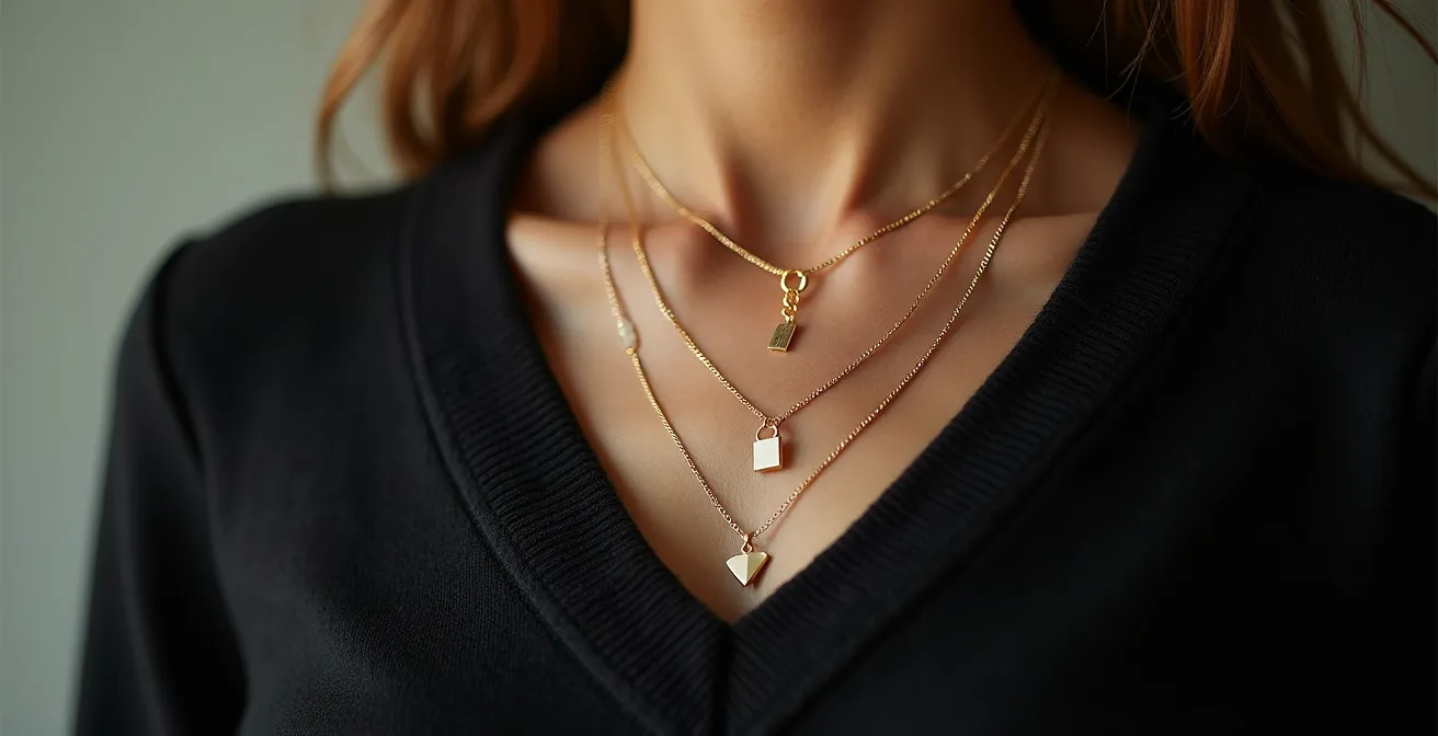 Nahaufnahme mehrerer goldener Ketten in verschiedenen Längen über schwarzem V-Ausschnitt