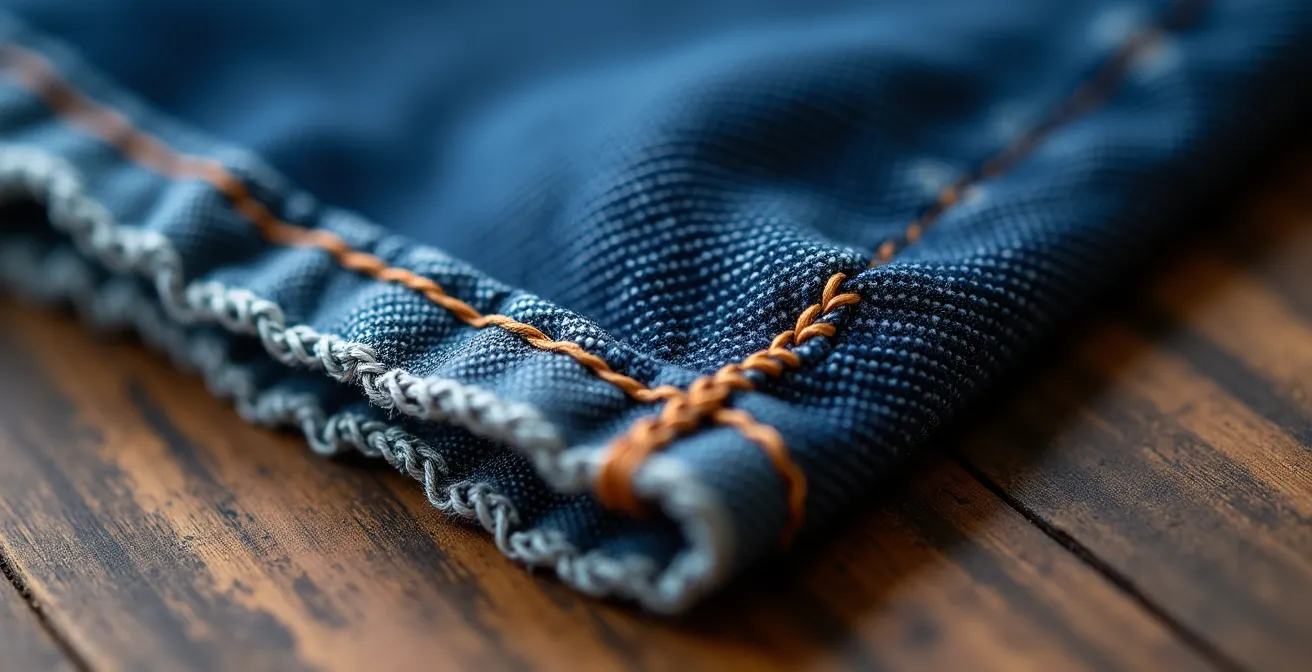Detailaufnahme eines authentischen Kettstich-Saums an Raw Denim mit Roping-Effekt.