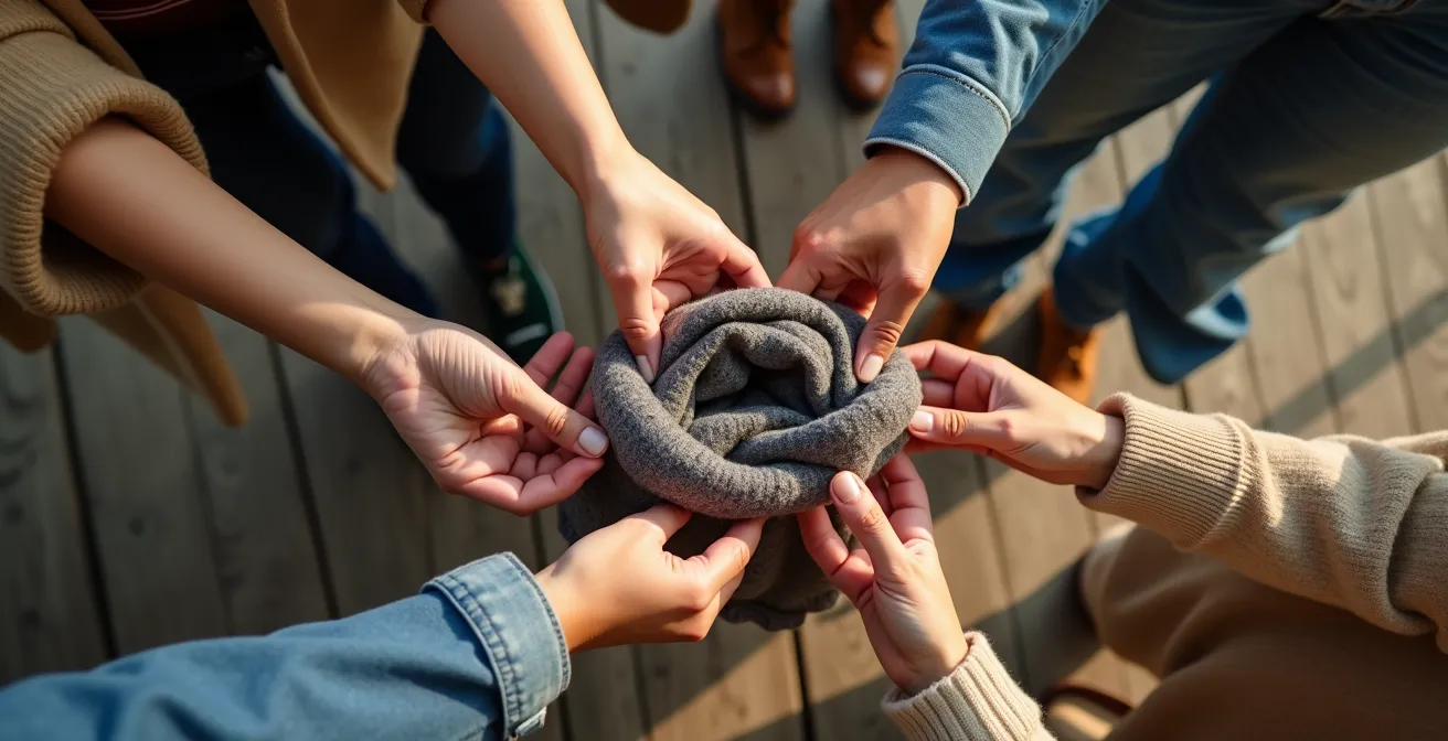 Hände halten verschiedene Kleidungsstücke bei einer Tauschparty