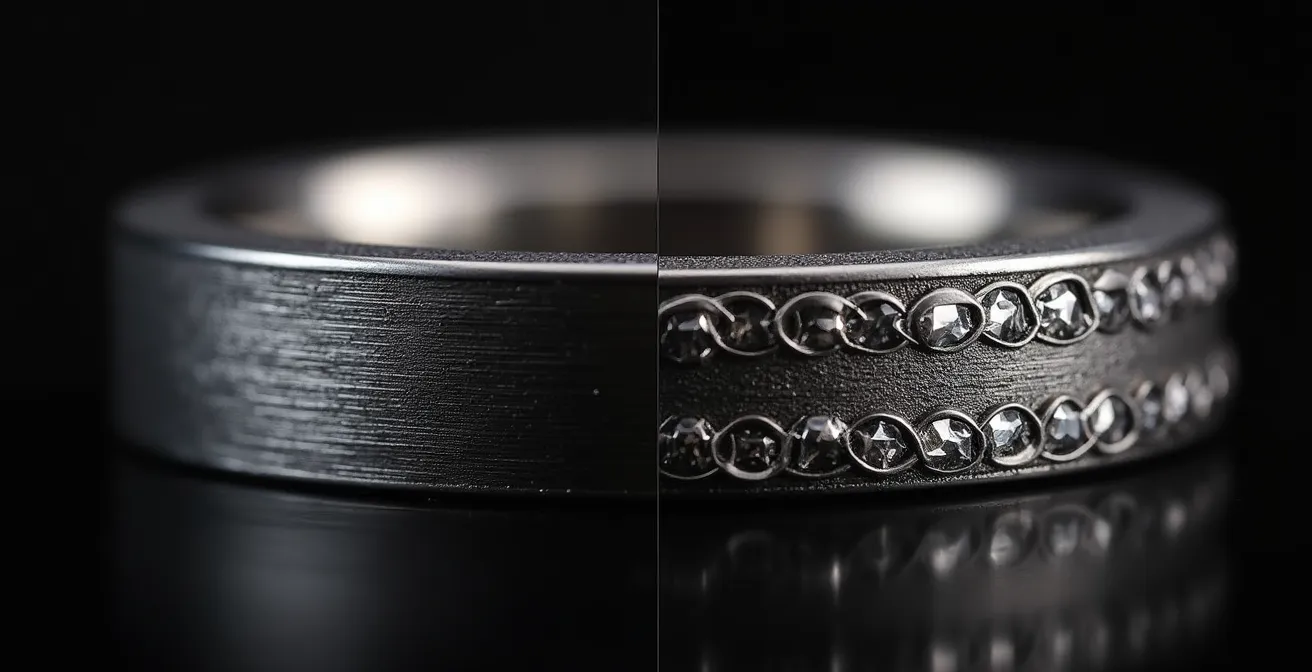 Makroaufnahme zeigt den optischen Unterschied zwischen Laser- und Diamantgravur auf Schmuck