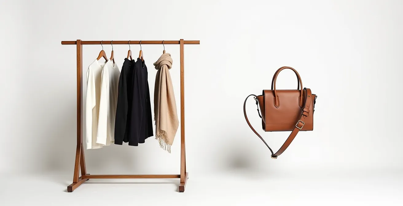 Kapsel-Garderobe mit sorgfältig kuratierten Trend-Accessoires in minimalistischem Setting