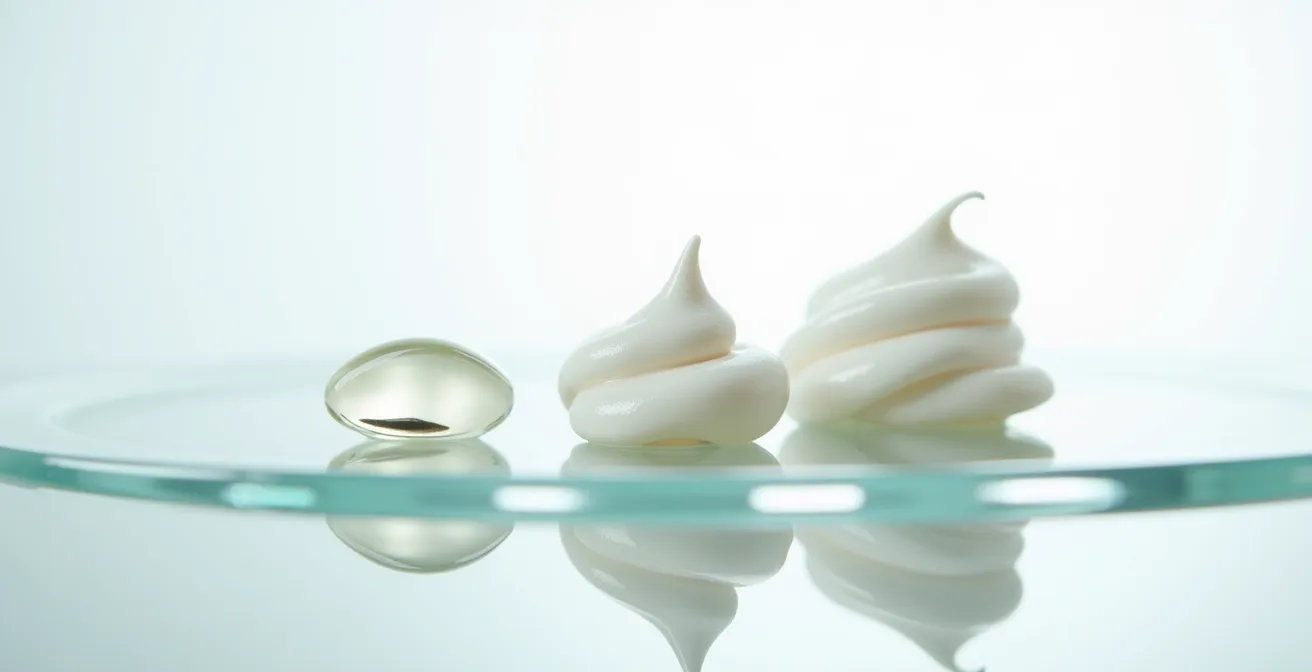 Detaillierte Makroaufnahme verschiedener Texturen von Hautpflegeprodukten in aufsteigender Konsistenz