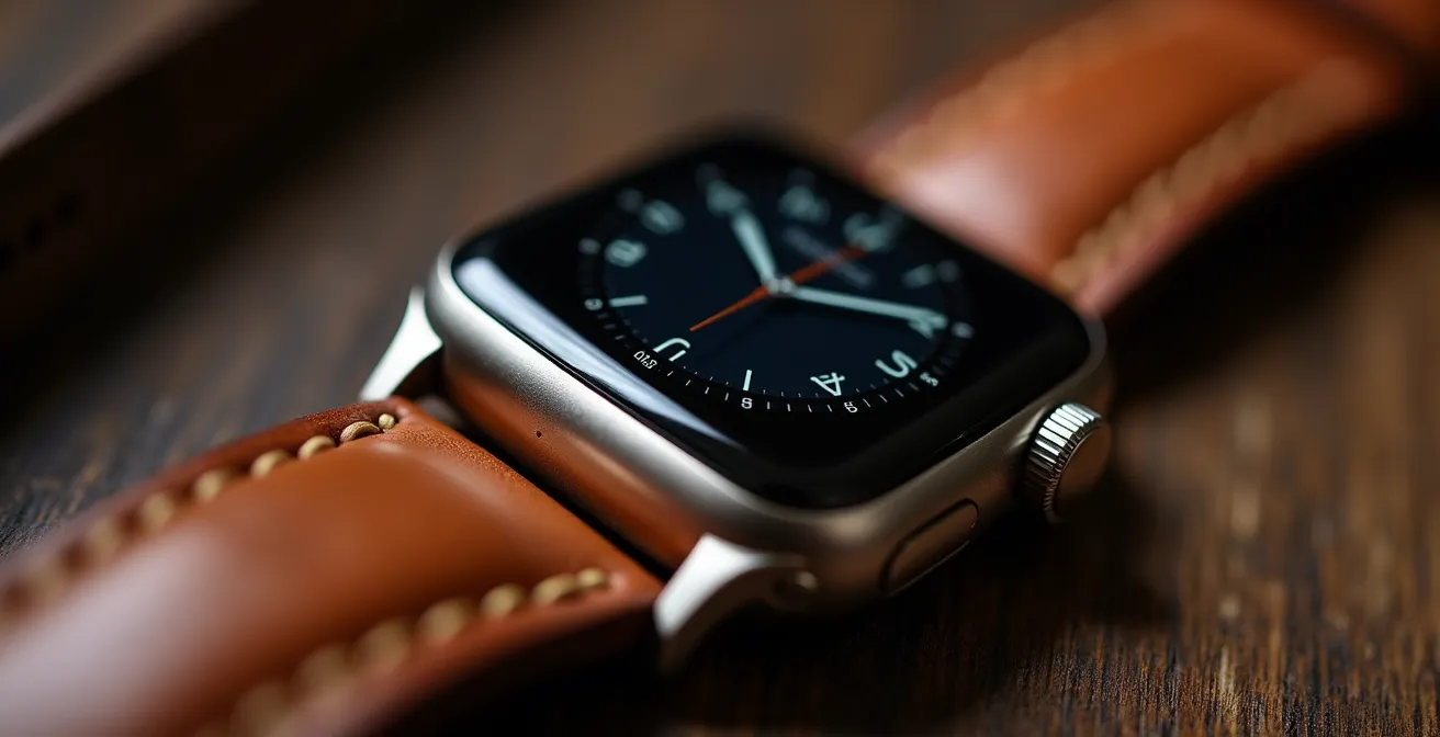 Nahaufnahme eines hochwertigen Lederarmbands an einer Apple Watch, das die Transformation von sportlich zu elegant zeigt.