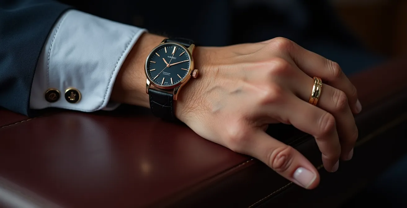 Männerhand mit Stahluhr und goldenem Ehering, harmonisch durch Bicolor-Accessoires verbunden