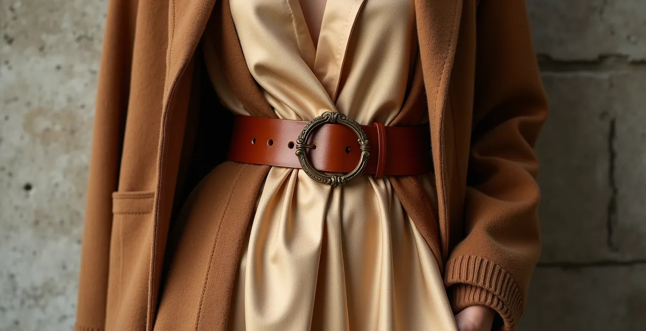 Statement-Gürtel über Cardigan zur Betonung der Taille im Lagenlook