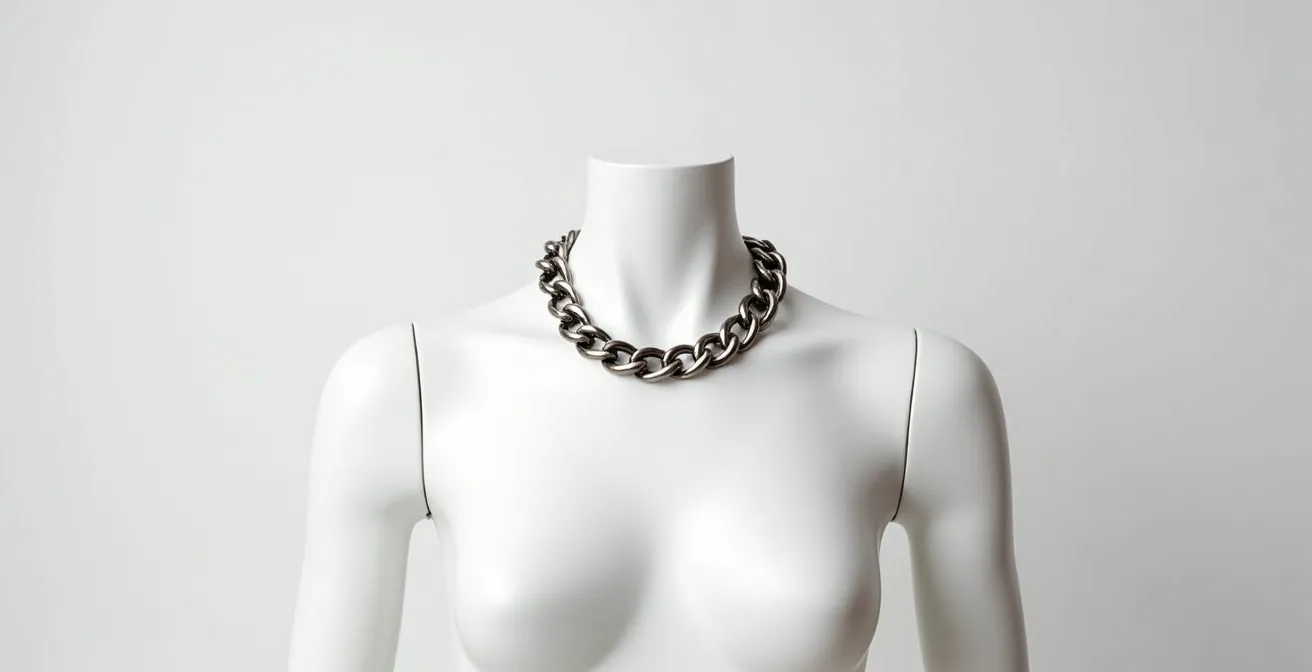 Nahaufnahme einer Statement-Kette, die auf dem Schlüsselbein einer Mannequin-Büste liegt und die Gewichtsverteilung zeigt.