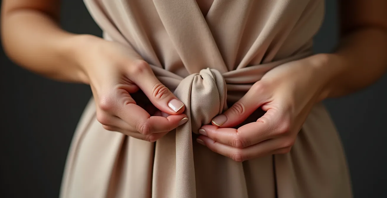 Verschiedene kunstvolle Knotentechniken für Stoffgürtel an einem Kleid