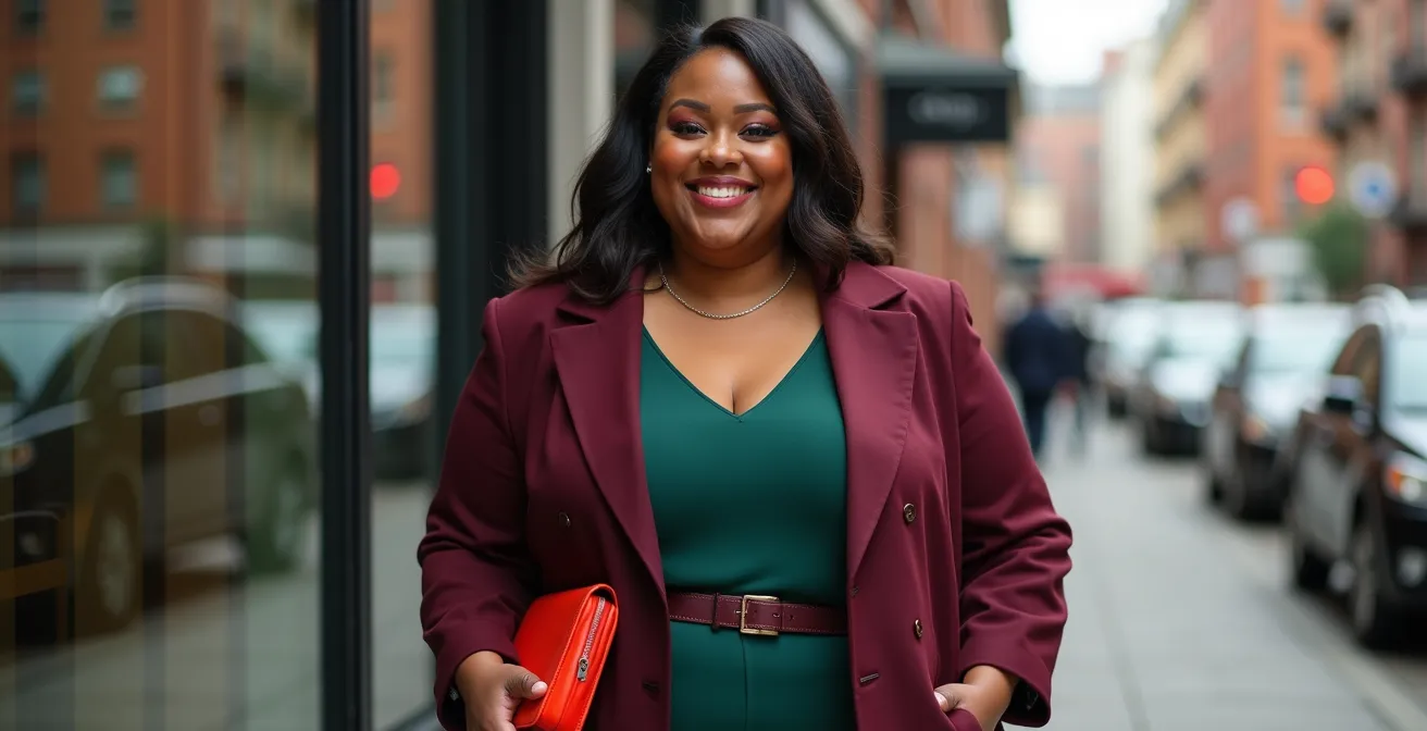 Plus-Size-Model trägt strukturierten Oversized-Blazer mit Gürtel und farbenfrohen Accessoires