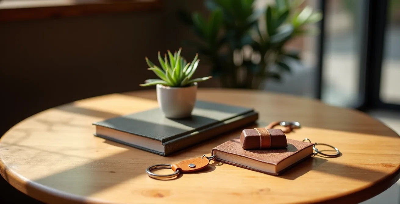 Minimalistische Anordnung von dezenten Geschenkalternativen für erste Dates