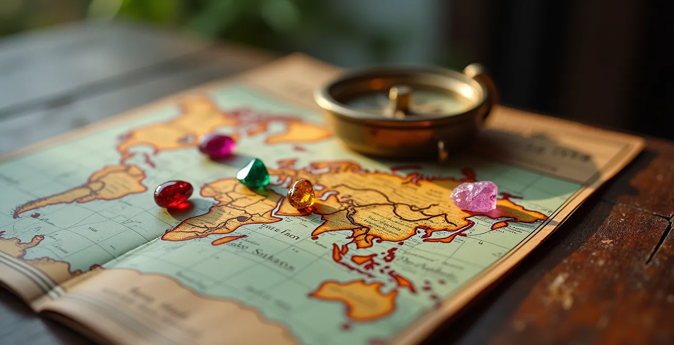 Weltkarte mit Verbindungslinien zwischen Edelsteinminen und deutschem Markt