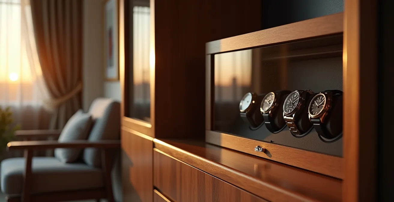 Hochwertiger Uhrenbeweger mit mehreren Automatikuhren in elegantem Ambiente