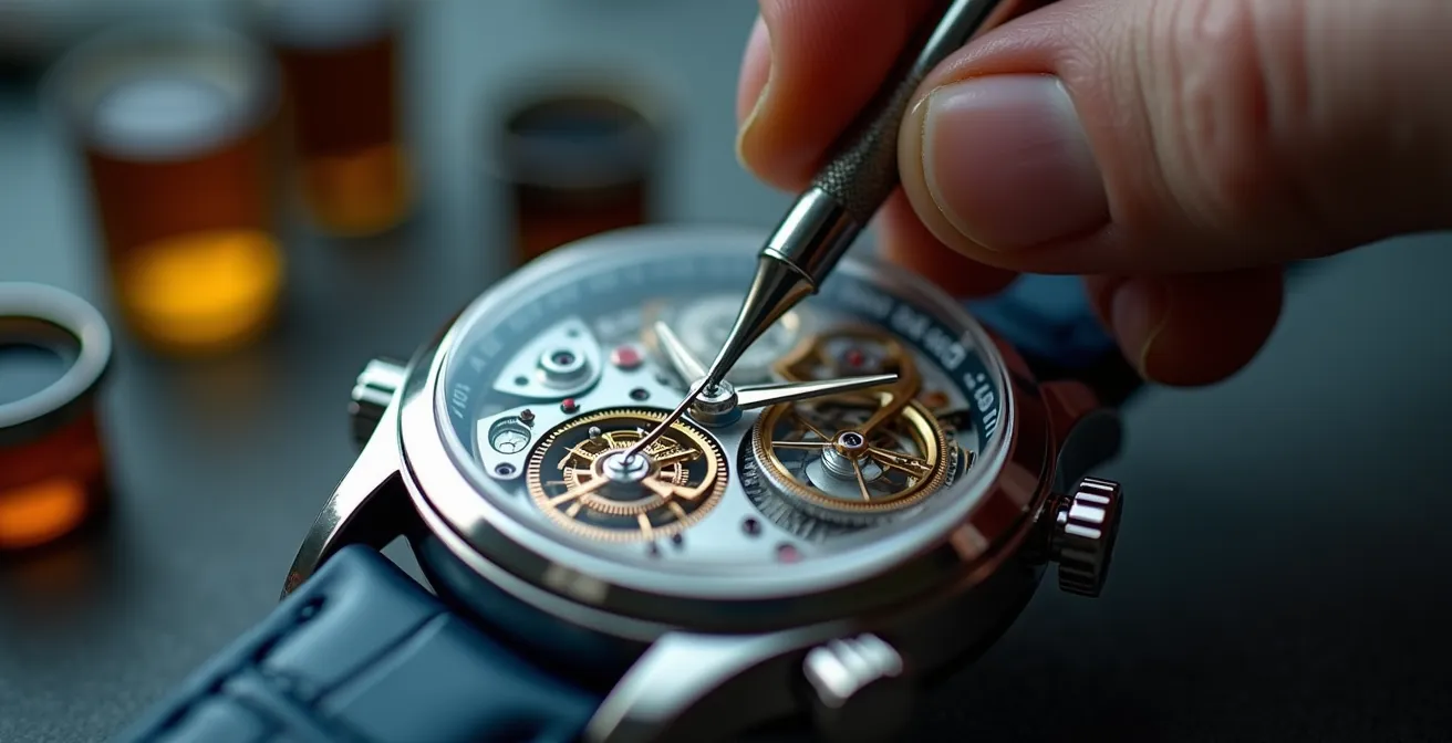 Detailaufnahme eines Uhrmachers bei der Revision eines mechanischen Uhrwerks