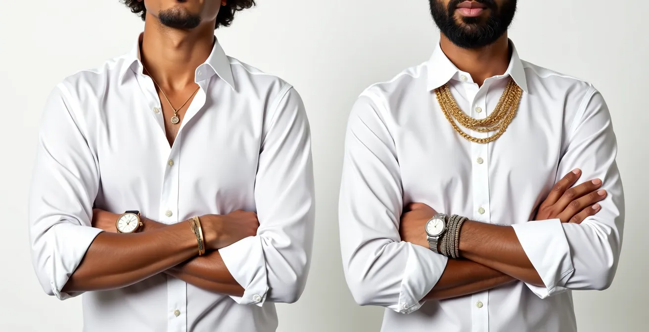 Direkter Vergleich zwischen einem minimalistisch mit Schmuck ausgestatteten Männerarm und einem überladenen Arm.