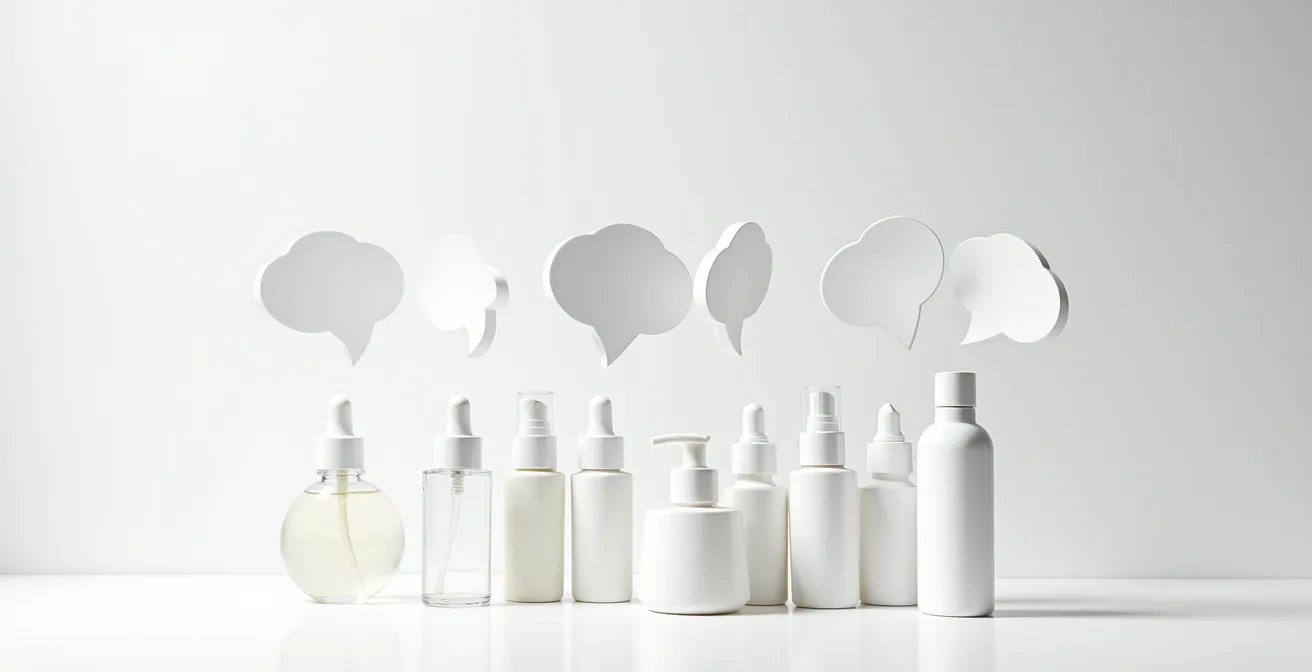 Verschiedene Kosmetikflaschen mit irreführenden 'frei von' Labels in minimalistischer Anordnung