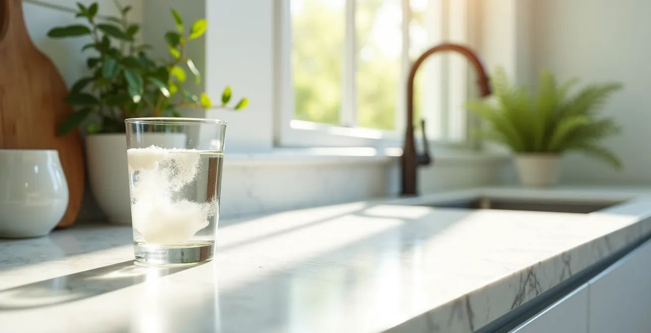Kollagenpulver löst sich in einem Glas Wasser auf