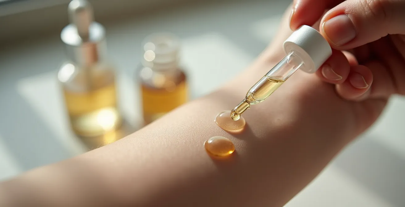 Detailaufnahme einer Hand beim Durchführen eines Patch-Tests mit verschiedenen Kosmetikproben